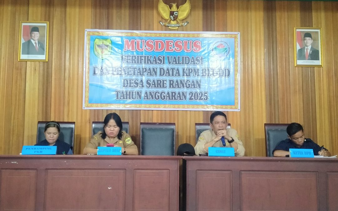 Musyawarah Desa Khusus (MUSDESUS) Verifikasi, Validasi, Finalisasi dan Penetapan Data Calon Keluarga Penerima Manfaat (KPM) Bantuan Langsung Tunai Desa (BLT-Desa) Tahun Anggaran 2025 di Desa Sare Rangan.